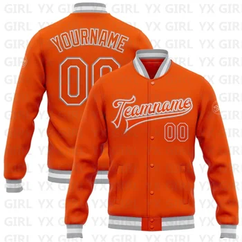Изготовленная на заказ оранжевая бело-серая куртка-бомбер с полной застежкой Университетская куртка Letterman с бейсбольными пуговицами с 3D-принтом