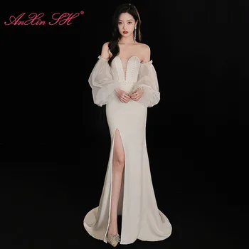 AnXin SH принцесса из белого атласа и кружев русалка винтажная милая вечернее платье с длинными рукавами, расшитое бисером и жемчугом, труба для невесты