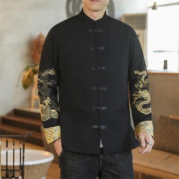 Куртка с вышивкой Дракона и Феникса Мужская Традиционная китайская одежда Весна Осень Куртка в китайском стиле Пальто мужское