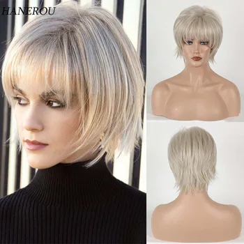 Синтетические волосы Светлый парик с челкой Натуральный короткий парик для белой женщины Высокотемпературный блонд Омбре Мамочкин парик на каждый день