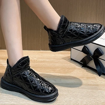 Женская обувь; коллекция 2023 года; Модные Зимние Теплые Женские ботинки без шнуровки из плюша; Однотонные ботинки с круглым носком на низком каблуке; Zapatillas De Mujer