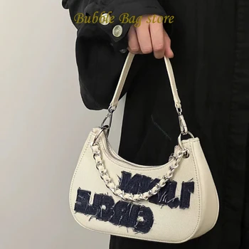 Джинсовые сумки на цепочке для женщин Spice Girls с вышивкой подмышками Сумка через плечо Дизайнерская сумка в стиле уличного панка Трендовая крутая женская сумка