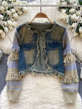 Женский осенний кардиган, джинсовая рубашка в американском ретро стиле с трикотажной строчкой, необработанный край, Взрывная уличная куртка D5121