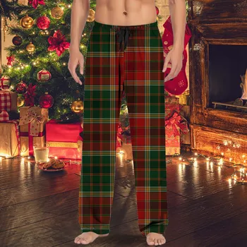 Мужские повседневные пижамные брюки в рождественскую клетку с карманами на шнурках, Семейная вечеринка 2023, Свободные прямые брюки с принтом для мужчин