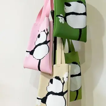 Многоразовая вязаная сумочка ручной работы, подарочная хозяйственная сумка из полиэстера Panda, сумки через плечо с веткой дерева большой емкости