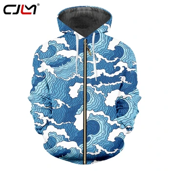 CJLM New Blue Wave 3D Печать Брюки Harajuku Толстовка на молнии Спортивный Пуловер Мода Оверсайз Покупка одежды на молнии 5XL