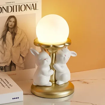 Настольная лампа Nordic kawaii, Роскошная лампа с милым кроликом, светильник для свадебного подарка, художественные лампы из смолы, украшение принцессы, освещение в спальне для девочек