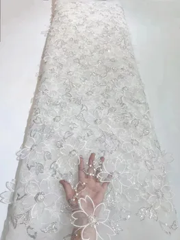 Сетчатая ткань с пайетками, 5 ярдов, высокое качество для свадебного платья, хрустальные бусины ручной работы, Французская сетка, Новое бисерное 3D цветочное кружево