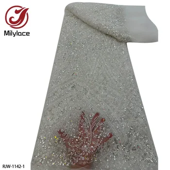 Африканская кружевная ткань, высококачественное кружево с вышивкой пайетками, Роскошное свадебное кружево ручной работы, расшитое бисером, для вечернего платья RJW-1142