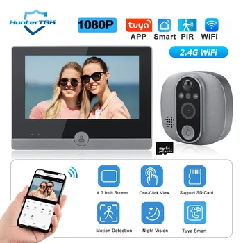 Видеодомофон Tuya 1080P WiFi камера-глазок Дверной звонок PIR Cat Eye 4,3-дюймовый домашний цифровой дверной просмотрщик для защиты безопасности