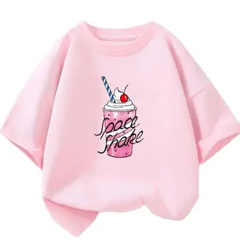 Летняя новинка 2023 года, милая футболка с клубничным молочным коктейлем для девочек, футболка в стиле харадзюку с графическим рисунком, хлопковые топы с короткими рукавами для детей