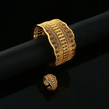 Модные Наборы свадебных украшений в Дубае, Гиперболе, Африке и Индии, Золотые Регулируемые Открытые браслеты, Кольцо свободного размера для женщин