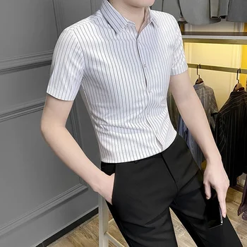 Высококачественная рубашка в полоску, мужская летняя рубашка из тонкого ледяного шелка, офисная деловая повседневная приталенная рубашка, мужские рубашки