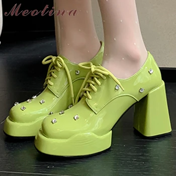 Meotina / женские туфли-лодочки из натуральной кожи с круглым носком, на толстом высоком каблуке, на платформе, на шнуровке, со стразами, Женская модная обувь, весна-осень, зеленый