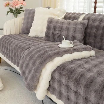 Утолщенный плюшевый чехол для дивана с кроликом, универсальное нескользящее Супер мягкое диванное полотенце, диванная подушка для гостиной, современный домашний декор