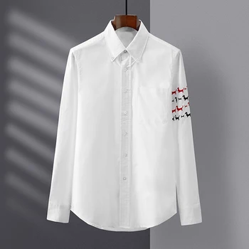 Рубашка Весна-осень, облегающие топы с короткими рукавами, полосатая повседневная хлопковая оксфордская рубашка с вышивкой животных, прямая поставка, мужская футболка от туберкулеза