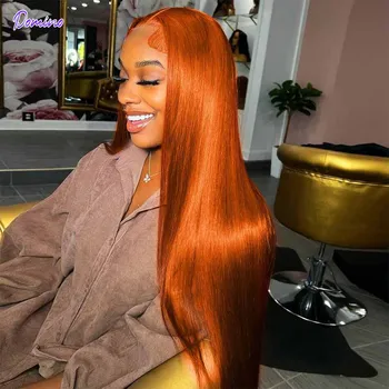 30-дюймовый Рыжевато-оранжевый парик на шнурке из человеческих волос, прямой, как кость, 13x4 Прозрачный парик на шнурке, окрашенный в Бразильский цвет Remy Baby Hair
