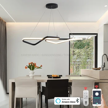 современный светодиодный подвесной светильник, светодиодная люстра, подвесной светильник для обеденного стола, Ресторанный остров, черный, L84cm Alexa / App / Remote Contro