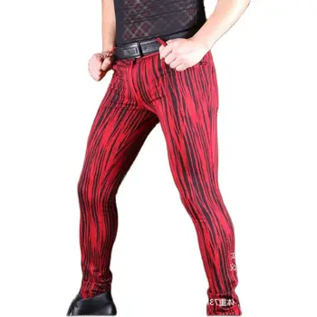Тонкие повседневные брюки-карандаш в корейском стиле, стрейчевые Мужские узкие джинсы, Леггинсы с рисунком красного дерева, Модные Джинсовые брюки в полоску.