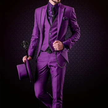 Однотонные Мужские Костюмы с отворотом в стиле Ретро, Фиолетовые Модные Повседневные Приталенные Наряды, Свадебный Смокинг Жениха, Комплект из 3 предметов (Блейзер + Жилет + брюки)