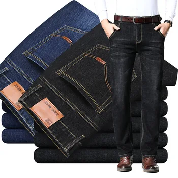Весенние джинсы Мужские облегающие прямые мужские брюки стрейчевые брюки большого размера