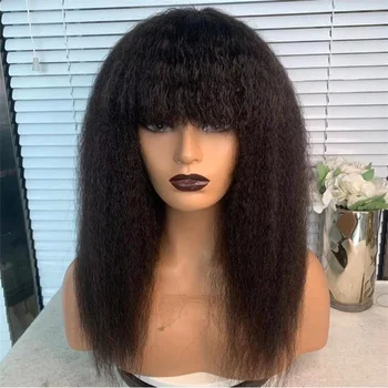 Натуральный Черный Бесклеевой 26-дюймовый Кудрявый Прямой Машинный парик с челкой для чернокожих женщин, косплей из высокотемпературного волокна, Парик для ежедневного использования
