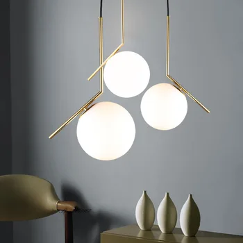 Подвесные светильники в скандинавском минимализме, подвесной светильник в виде шара из молочного стекла, освещение столовой, внутреннее освещение ресторана, подвесной светильник