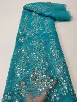 2023 Синяя Высококачественная Африканская кружевная ткань, роскошная 3D-вышивка ручной работы, кружевная ткань из бисера для вечернего платья