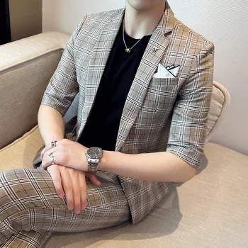 Мужской костюм (Блейзер + брюки в стиле вестерн) Модный повседневный блейзер в корейскую полоску с рукавом из семи точек, тонкий клетчатый Блейзер со средним рукавом, комплект из двух предметов