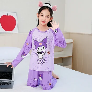 Милый Детский пижамный комплект Sanrio Cinnamoroll, пижамы Hello Kitty, Весенний домашний костюм для девочек и мальчиков Kuromi Melody, подарки для мальчиков и девочек с длинными рукавами